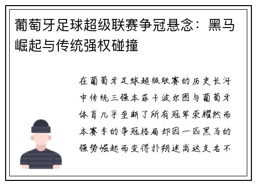 葡萄牙足球超级联赛争冠悬念：黑马崛起与传统强权碰撞